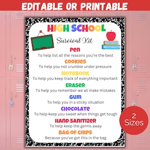 Editable High School Survival Kit Gift Tags, Back To School Gift Tag, First Day of High School Gift Tag, Student Survival Kit Template