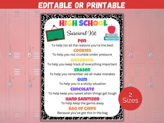 Editable High School Survival Kit Gift Tags, Back To School Gift Tag, First Day of High School Gift Tag, Student Survival Kit Template