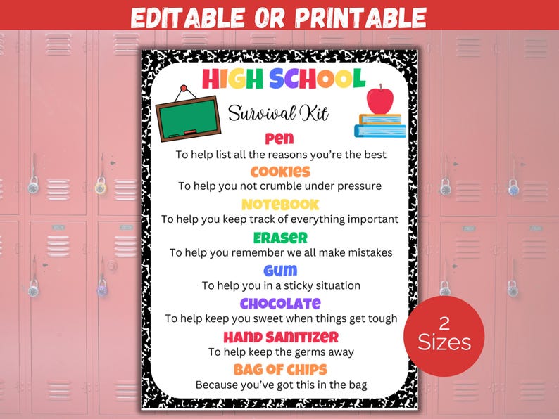Editable High School Survival Kit Gift Tags, Back To School Gift Tag, First Day of High School Gift Tag, Student Survival Kit Template image 1