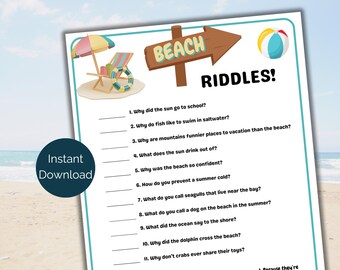 Piadas de praia, charadas de praia, atividades imprimíveis de praia, jogo para festa de férias na praia, aniversário na praia para crianças e adultos, atividade na praia, jogos de verão