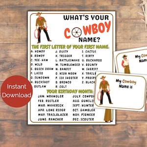 Quel est votre nom de cow-boy jeu + étiquettes de nom, quel est votre nom de cow-girl, fête des cow-boys imprimable, activité d'anniversaire de cow-girl