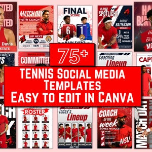 Tennis-Social-Media-Vorlagenpaket, bearbeitbare Sport-Social-Media-Posts, Tennisgrafiken für Spieltagspläne und Spielerporträts