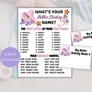 May include: A printable roller skating name generator with pink roller skates and a girl on roller skates. The printable includes a list of names based on the first letter of your name and your birthday month.