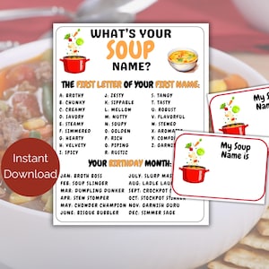 Was ist Ihre Suppe Namensspiel + Namensschilder, Druckbares Suppen-Cooking-Partyspiel für Erwachsene und Kinder, Comfort Food Partyspiel, Suppenbar-Thema