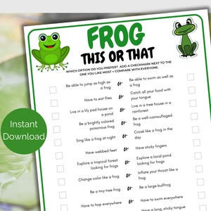 May include: A printable frog-themed "This or That" game with 10 questions. Each question has two options, and players choose which they prefer. The game is designed to be played with a group of people.