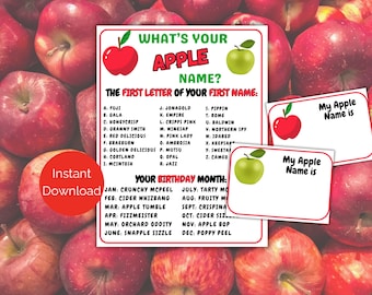 Wat is jouw appelnaam? Spel + naamkaartjes, Appels plukken feestspel, Printbaar appelfeestspel voor kinderen en volwassenen, Appels bakken feestspel