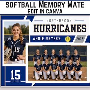 May include: A softball memory mate template featuring the text SOFTBALL MEMORY MATE EDIT IN CANVA, NORTHBROOK HURRICANES, ANNIE MEYERS, and 2026. The design includes a photo of a player in a navy jersey and a team photo on a softball field.