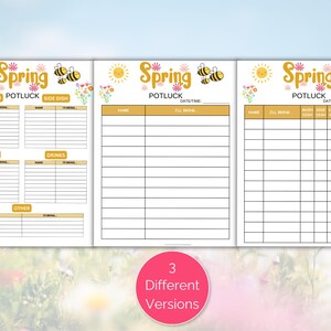 Peut inclure: Trois feuilles de papier imprimables pour l'inscription &agrave; un potluck sur le th&egrave;me du printemps. Chaque feuille a une mise en page diff&eacute;rente avec des titres pour le plat principal, le plat d'accompagnement, le dessert, les boissons et autres. Les feuilles pr&eacute;sentent un soleil jaune, des abeilles et des fleurs.