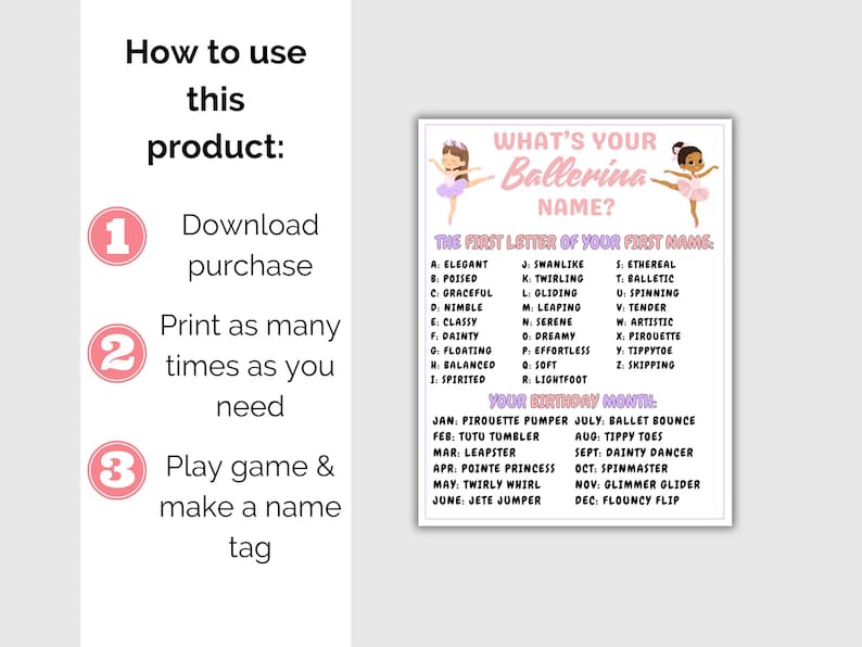 What's Your Ballerina Name Game + Name Tags, Printable Ballet Themed ...