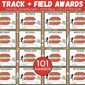 May include: A collection of track and field awards, digital download, with a red and white theme. Each certificate features a silhouette of an athlete, a running track design, and the text "Track + Field Awards."
