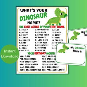 Qual é o seu jogo de nome de dinossauro + etiquetas de nome, jogos de festa de aniversário de dinossauro, jogos de chá de bebê de dinossauro, diversão para imprimir festa de dinossauro