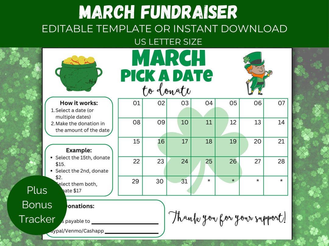 Editable March Pick A Date, St Patricks Fundraiser Calendar, St ...