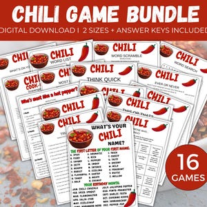 May include: A bundle of 16 chili-themed games, including word searches, scrambles, and trivia. The cards feature illustrations of chili bowls and red chili peppers. The text on the cards includes game titles and instructions. The bundle is a digital download.