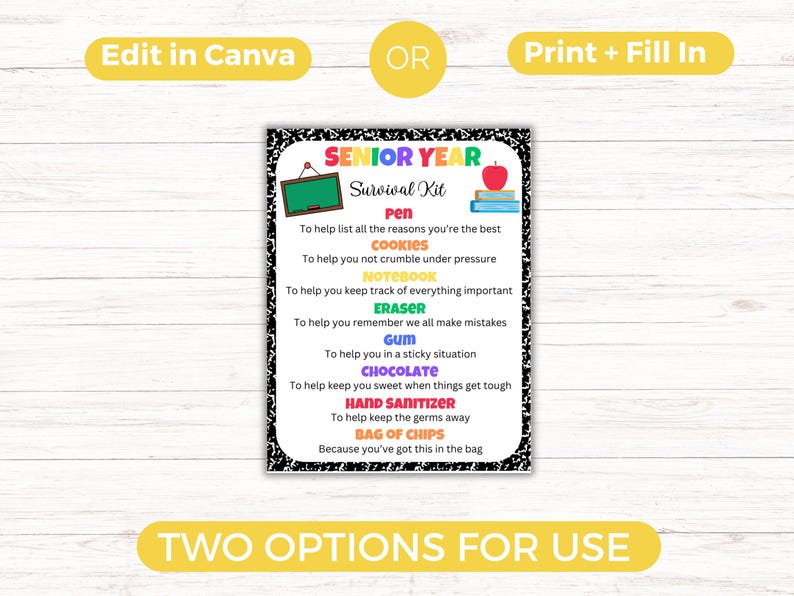 May include: A printable checklist titled "Senior Year Survival Kit" with a black and white notebook background. The checklist includes items like a pen, cookies, notebook, eraser, gum, chocolate, hand sanitizer, and a bag of chips. Each item is listed with a short description of its purpose.