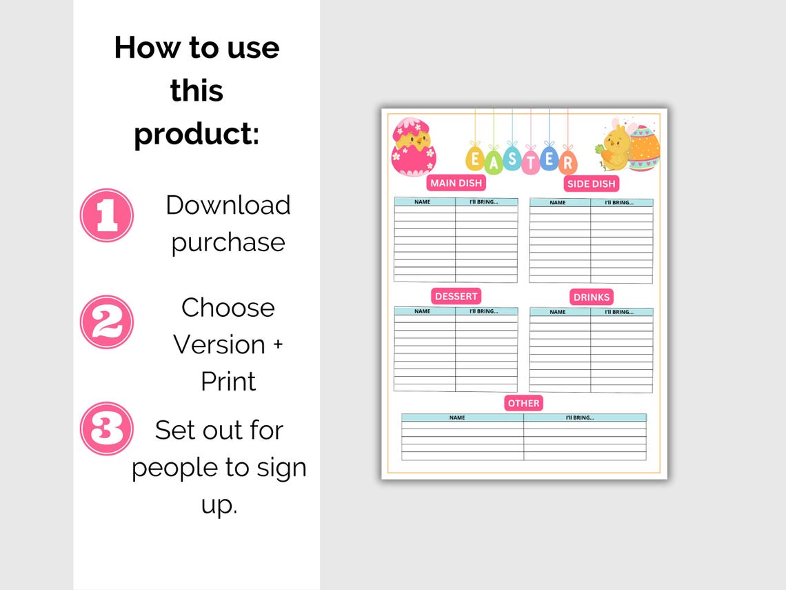 Easter Potluck Sign up Sheet, Printable Easter Party Potluck Sign up
