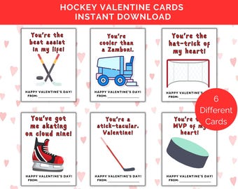 Hockey Valentine Cards, 6 Printable Hockey Themed Valentines, Kids Hockey Valentines, Classroom Valentines, Boys Valentine Cards