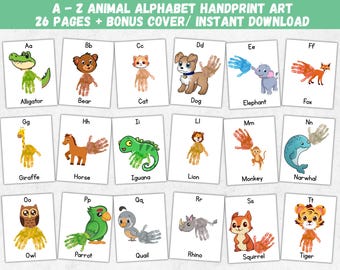 May include: A set of 26 printable A-Z animal alphabet handprint art pages, with a bonus cover. Each card displays a different animal, including an alligator, bear, cat, dog, elephant, fox, giraffe, horse, iguana, lion, monkey, narwhal, owl, parrot, quail, rhino, squirrel, and tiger.