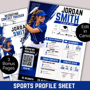 May include: A digital sports profile sheet template featuring a blue and white color scheme. The layout includes a photo of a softball player, the name Jordan Smith, class of 2027, contact information, academic records, athlete stats, and a QR code.