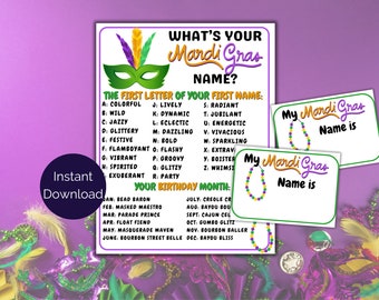 What&#39;s Your Mardi Gras Name Game + Name Tags, Mardi Gras Activity, Printable Mardi Gras Game, Fat Tuesday Activity for kids and adults