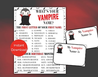 What's Your Vampire Name Game + Name Tags, Halloween Party Game, Halloween Name Game, Halloween Printable Game for adults and kids
