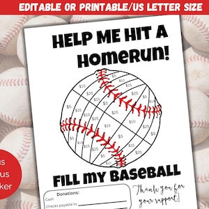 May include: A printable baseball-themed fundraising flyer with the text "Help Me Hit A Homerun!" and a baseball graphic with numbered sections for donations. The flyer also includes the text "Fill My Baseball" and a space for donations.