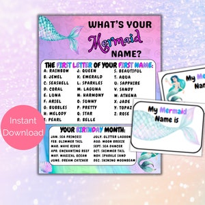 What&#39;s Your Mermaid Name Game + Name Tags, Mermaid Birthday Game, Mermaid Party Printable