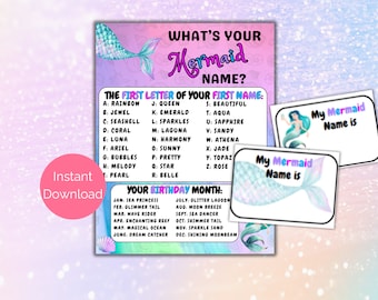 What's Your Mermaid Name Game + Name Tags, Mermaid Birthday Game, Mermaid Party Printable