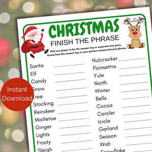 Christmas Finish the Phrase Game, Printable Holiday Finish the Phrase, Holiday Group Game, Christmas Party Game for teens + adults