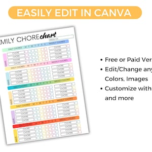 May include: A colorful family chore chart with the text "EASILY EDIT IN CANVA" at the top. The chart includes sections for daily and weekly chores, with space to write names. The chart is customizable.
