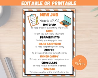 Etiquetas de regalo editables para kit de supervivencia para nuevo empleo, regalo de felicitación por nuevo trabajo, regalo de bienvenida para nuevo empleado, idea de regalo para nueva carrera, etiquetas de regalo para nuevo trabajo