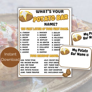 What&#39;s Your Potato Name Game + Name Tags, Potato Bar Party Game, Potato Printable, Potato Activity for kids and adults, National Potato Day