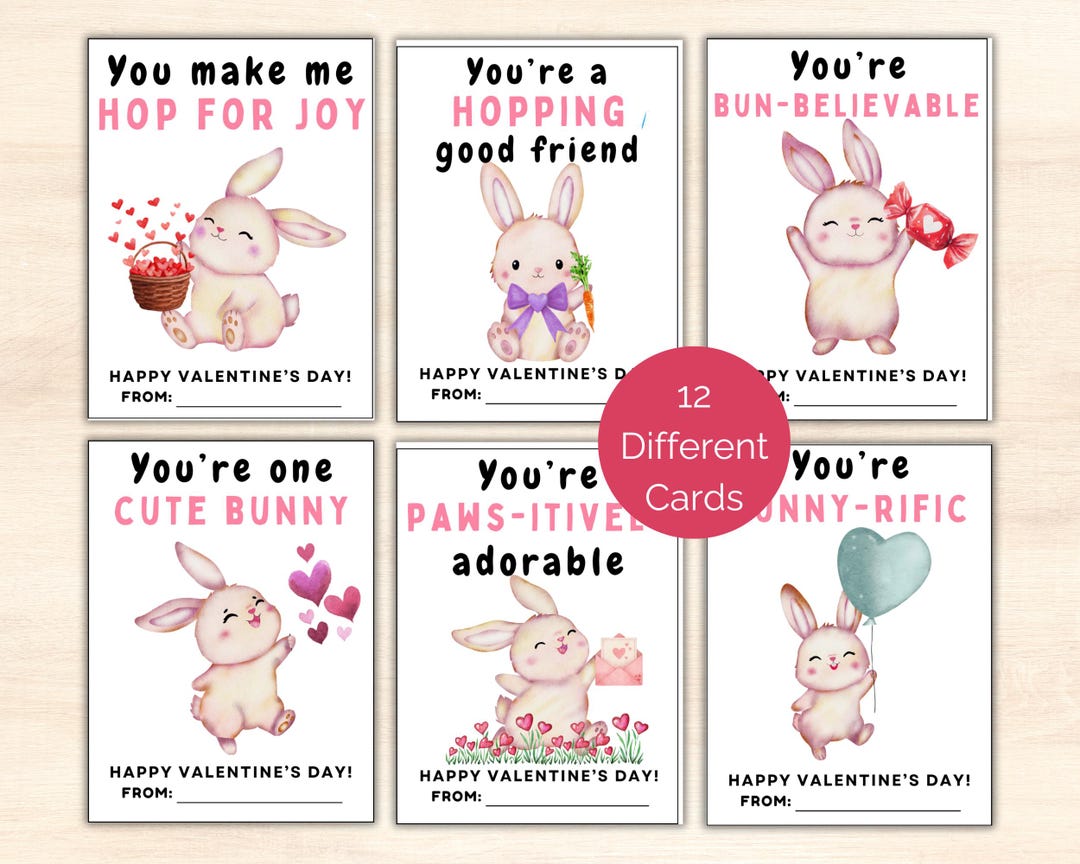 Bunny Valentine Cards, 12 Printable Bunny Valentines for Kids, Funny ...