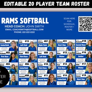 Editable 20 Player Team Roster Template, Customizable Travel Team Roster, Any Sport Canva Template, Softball Team Roster, Football Template