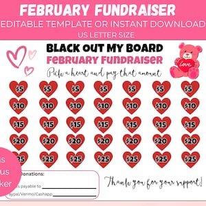Editable February Black Out My Board Fundraiser, Valentines Fundraiser, Valentines Fundraising Form, Heart Fundraiser Flyer