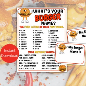 What's Your Burger Name Game + Name Tags, Burger Day Activity, Burger Birthday Bash, BBQ Party, Baby-Q Activity, Hamburger Printable