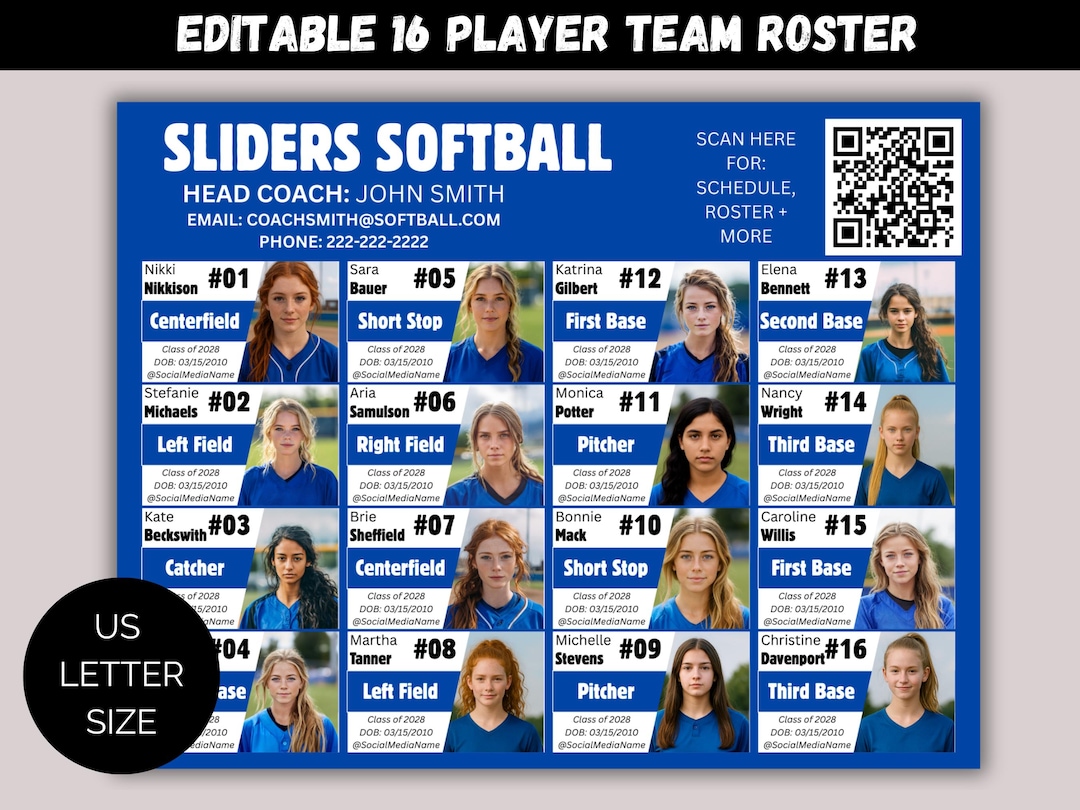 Editable 16 Player Team Roster Template, Customizable Travel Team ...