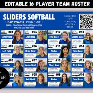 Editable 16 Player Team Roster Template, Customizable Travel Team Roster, Any Sport Canva Template, Softball Team Roster, Basketball Roster