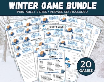 May include: A bundle of 20 winter-themed printable games. The game cards feature a blue and white color scheme with winter-related graphics and text, including snowmen and houses. The text on the cards includes game titles like "Trivia" and "Word Search".