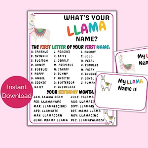 What's Your Llama Name Game + Name Tags, Llama Birthday Party Game, Llama Party Activity, Llama Printable Party Activity