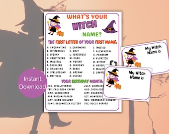 Juego de nombre de bruja + etiquetas con nombre, juego de nombre de Halloween, juego de fiesta de Halloween imprimible para niños, preadolescentes y adultos, actividad de Halloween