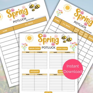 Op de afbeelding: Printbare lente potluck aanmeldingsformulier met een gele zon, bloemen en bijen. Het formulier heeft secties voor naam, wat mee te nemen, hoofdgerecht, bijgerecht, dessert en drankjes.