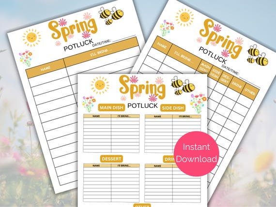 Spring Potluck Sign Up Sheet, Printable Spring Party Sign Up Form, Spring Party Sign-up List, Spring Potluck Party Signup for office church