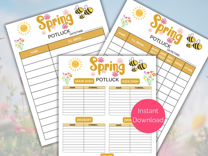 Spring Potluck Sign up Sheet, Printable Spring Party Sign up Form ...