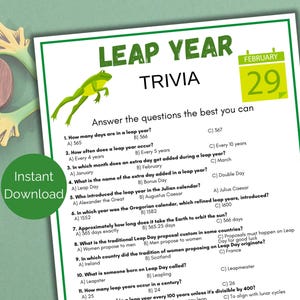 Leap Year Trivia Game, Leap Year Quiz, February 29th Trivia Game, Leap Day Birthday Activity for kids or adults or tweens, Leap Year Game