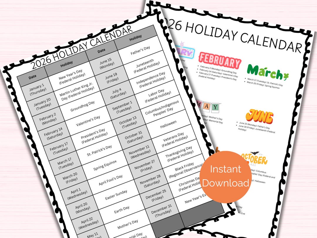 2026 HOLIDAYS LIST visual data 2