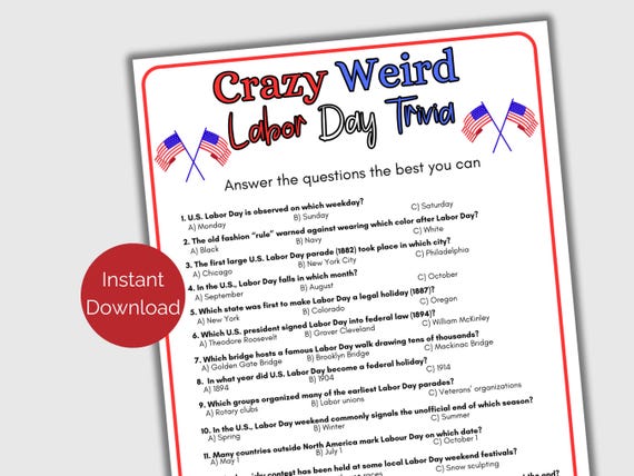 Labor Day Trivia Game, Labor Day Quiz, Printable Labor Day Game for kids and adults, Labor Day Activity, Labor Day Party Idea