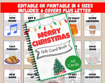 May include: A spiral-bound gift card book with a green cover that reads "Merry Christmas" and "Gift Card Book." The cover features a Christmas tree and 40 cards. Surrounding the book are smaller cards with illustrations and text like "New Music" and "Taco Tuesday."
