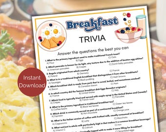 Breakfast Trivia Game, Printable Breakfast Trivia, Food Trivia, Cooking Trivia, Food Themed Activity, Brunch Activity for kids or adults