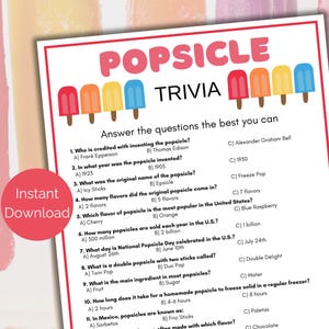 Popsicle Trivia Game, Popsicle Party Game, Popsicle Quiz, Popsicle Activity for Kids & Adults, Popsicle Birthday Party, Popsicle Baby Shower