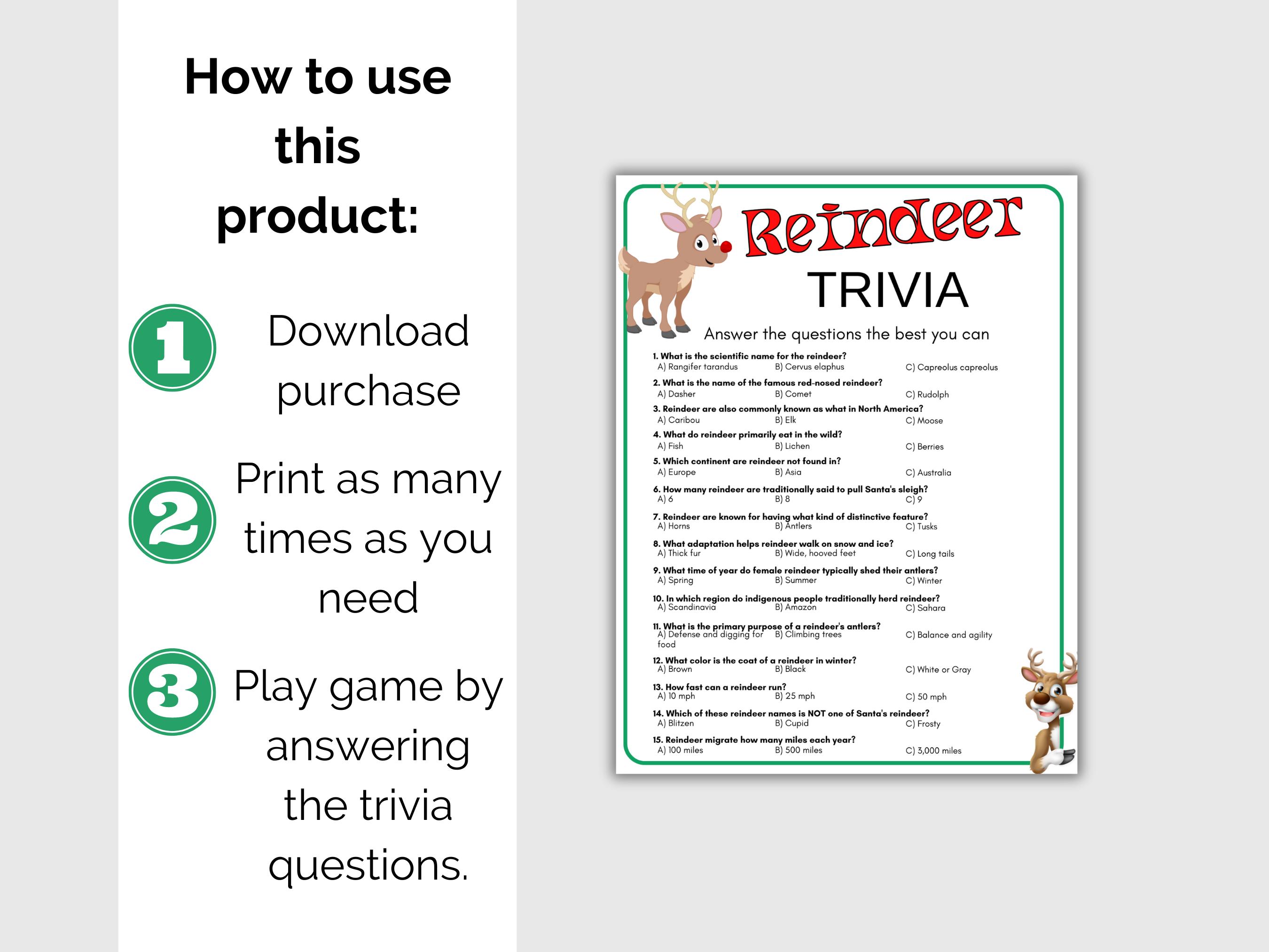 reindeer trivia game, printable reindeer quiz, christmas party